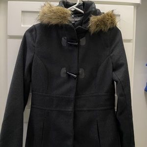 Winter Wool Coat Faux Fur Hood Trim
